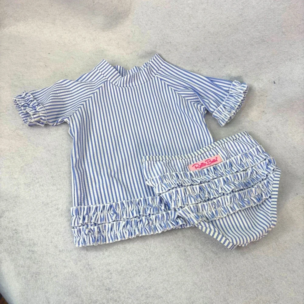 RuffleButts Blue Seersucker Ruffle Rash Guard Swimsuit Set Girls 3T Coastal